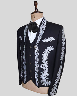 Men Black Mariachi 3 Piece Silver Embroidered Mexican Groom Charro Suits