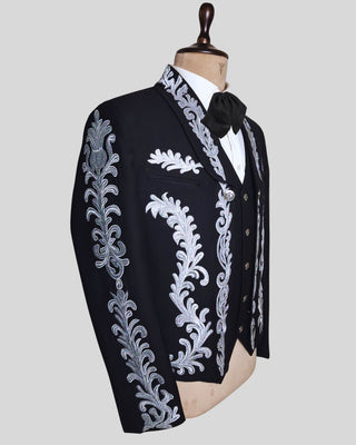 Men Black Mariachi 3 Piece Silver Embroidered Mexican Groom Charro Suits