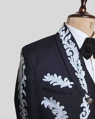 Men Black Mariachi 3 Piece Silver Embroidered Mexican Groom Charro Suits
