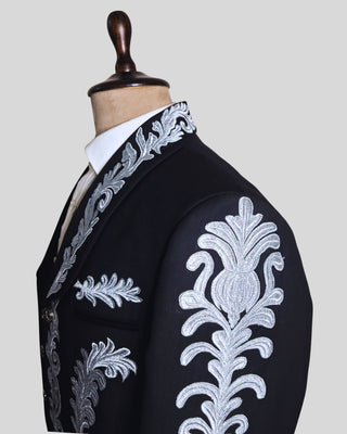 Men Black Mariachi 3 Piece Silver Embroidered Mexican Groom Charro Suits