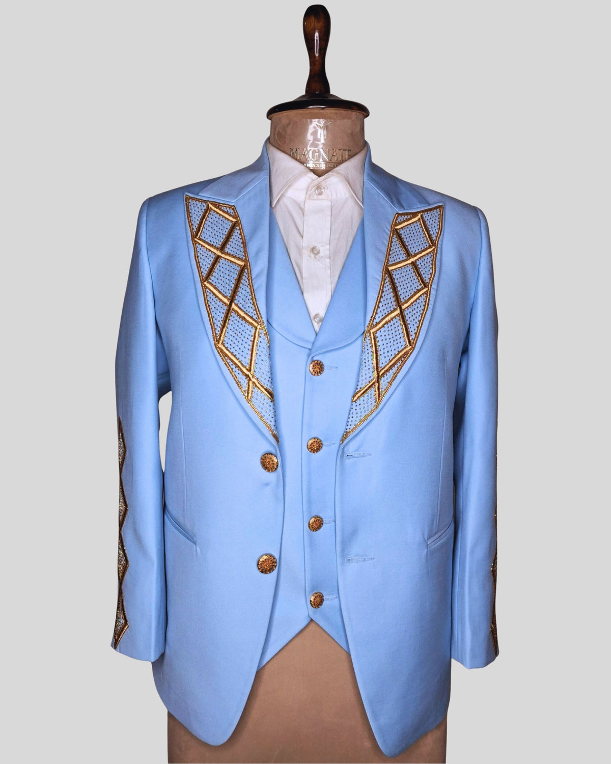 Men Powder Blue Gold Embroidered 4Pc Vintage Styled History Suits for Wedding Theatre Carnival Attire