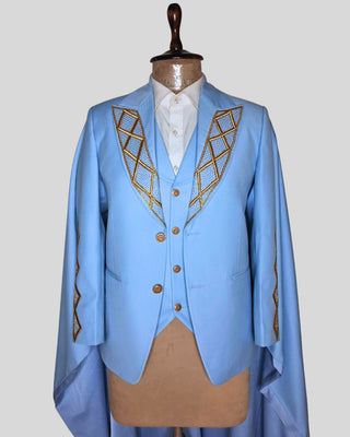 Men Powder Blue Gold Embroidered 4Pc Vintage Styled History Suits for Wedding Theatre Carnival Attire