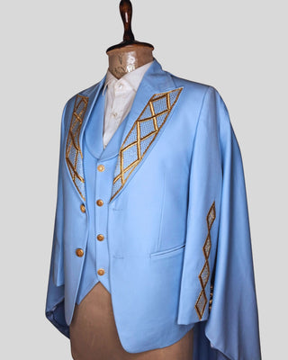 Men Powder Blue Gold Embroidered 4Pc Vintage Styled History Suits for Wedding Theatre Carnival Attire