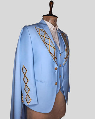 Men Powder Blue Gold Embroidered 4Pc Vintage Styled History Suits for Wedding Theatre Carnival Attire