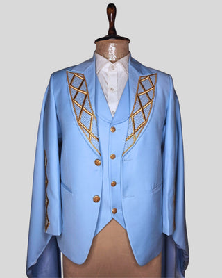 Men Powder Blue Gold Embroidered 4Pc Vintage Styled History Suits for Wedding Theatre Carnival Attire
