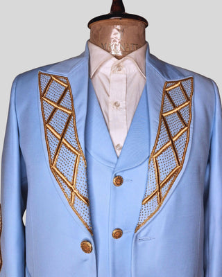 Men Powder Blue Gold Embroidered 4Pc Vintage Styled History Suits for Wedding Theatre Carnival Attire