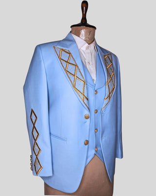 Men Powder Blue Gold Embroidered 4Pc Vintage Styled History Suits for Wedding Theatre Carnival Attire