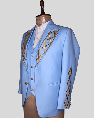Men Powder Blue Gold Embroidered 4Pc Vintage Styled History Suits for Wedding Theatre Carnival Attire