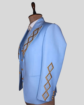 Men Powder Blue Gold Embroidered 4Pc Vintage Styled History Suits for Wedding Theatre Carnival Attire