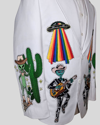 Men’s White Country Western Embroidered Blazer – Alien Cowboy Party Jacket, Rhinestone Detail, Concert & Festival Outfit