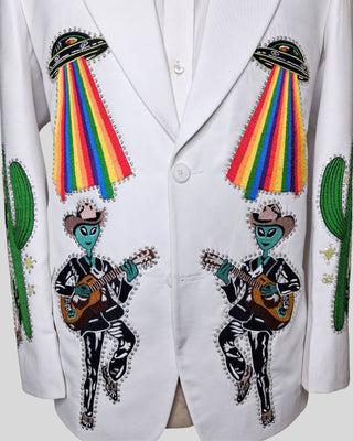 Men’s White Country Western Embroidered Blazer – Alien Cowboy Party Jacket, Rhinestone Detail, Concert & Festival Outfit