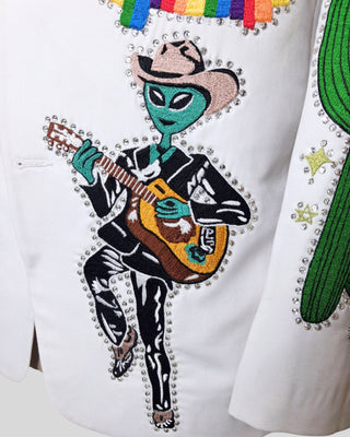 Men’s White Country Western Embroidered Blazer – Alien Cowboy Party Jacket, Rhinestone Detail, Concert & Festival Outfit