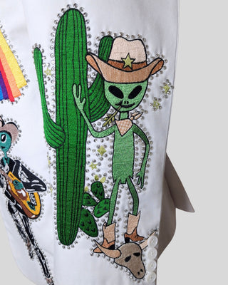 Men’s White Country Western Embroidered Blazer – Alien Cowboy Party Jacket, Rhinestone Detail, Concert & Festival Outfit