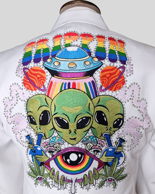 Men’s White Country Western Embroidered Blazer – Alien Cowboy Party Jacket, Rhinestone Detail, Concert & Festival Outfit