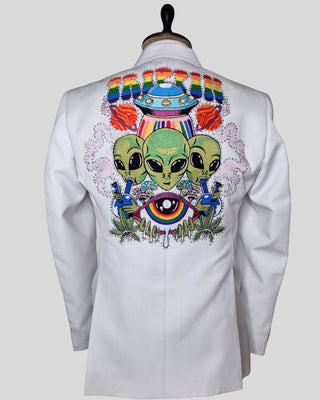 Men’s White Country Western Embroidered Blazer – Alien Cowboy Party Jacket, Rhinestone Detail, Concert & Festival Outfit