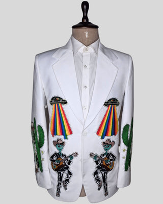 Men’s White Country Western Embroidered Blazer – Alien Cowboy Party Jacket, Rhinestone Detail, Concert & Festival Outfit