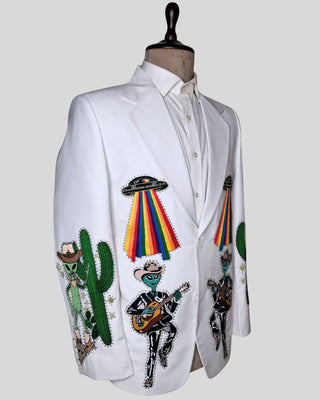 Men’s White Country Western Embroidered Blazer – Alien Cowboy Party Jacket, Rhinestone Detail, Concert & Festival Outfit