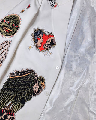 Men’s White Country Western Embroidered Blazer – Gothic Skull & Vulture Jacket, Rhinestone Halloween Party Concert Outfit