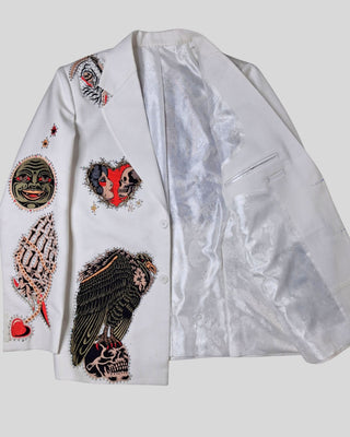 Men’s White Country Western Embroidered Blazer – Gothic Skull & Vulture Jacket, Rhinestone Halloween Party Concert Outfit