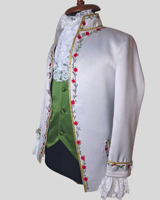 Men’s Silver Grey Satin Rococo 3-Piece Suit – Embroidered Coat, Green Waistcoat & Breeches