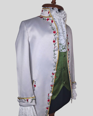 Men’s Silver Grey Satin Rococo 3-Piece Suit – Embroidered Coat, Green Waistcoat & Breeches