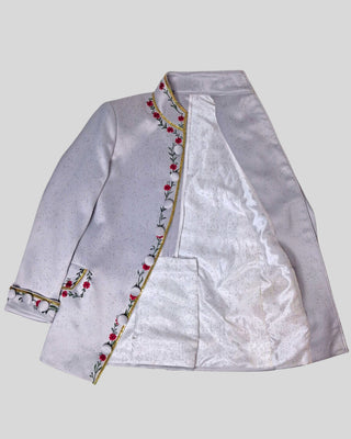 Men’s Silver Grey Satin Rococo 3-Piece Suit – Embroidered Coat, Green Waistcoat & Breeches