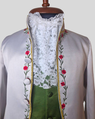 Men’s Silver Grey Satin Rococo 3-Piece Suit – Embroidered Coat, Green Waistcoat & Breeches