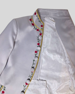Men’s Silver Grey Satin Rococo 3-Piece Suit – Embroidered Coat, Green Waistcoat & Breeches