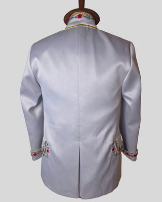 Men’s Silver Grey Satin Rococo 3-Piece Suit – Embroidered Coat, Green Waistcoat & Breeches