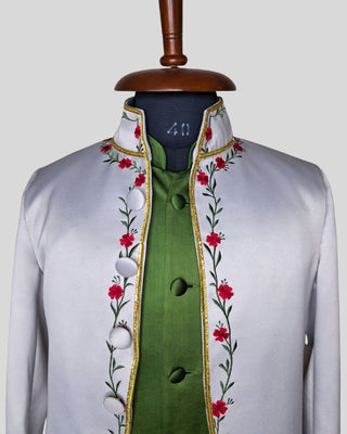 Men’s Silver Grey Satin Rococo 3-Piece Suit – Embroidered Coat, Green Waistcoat & Breeches
