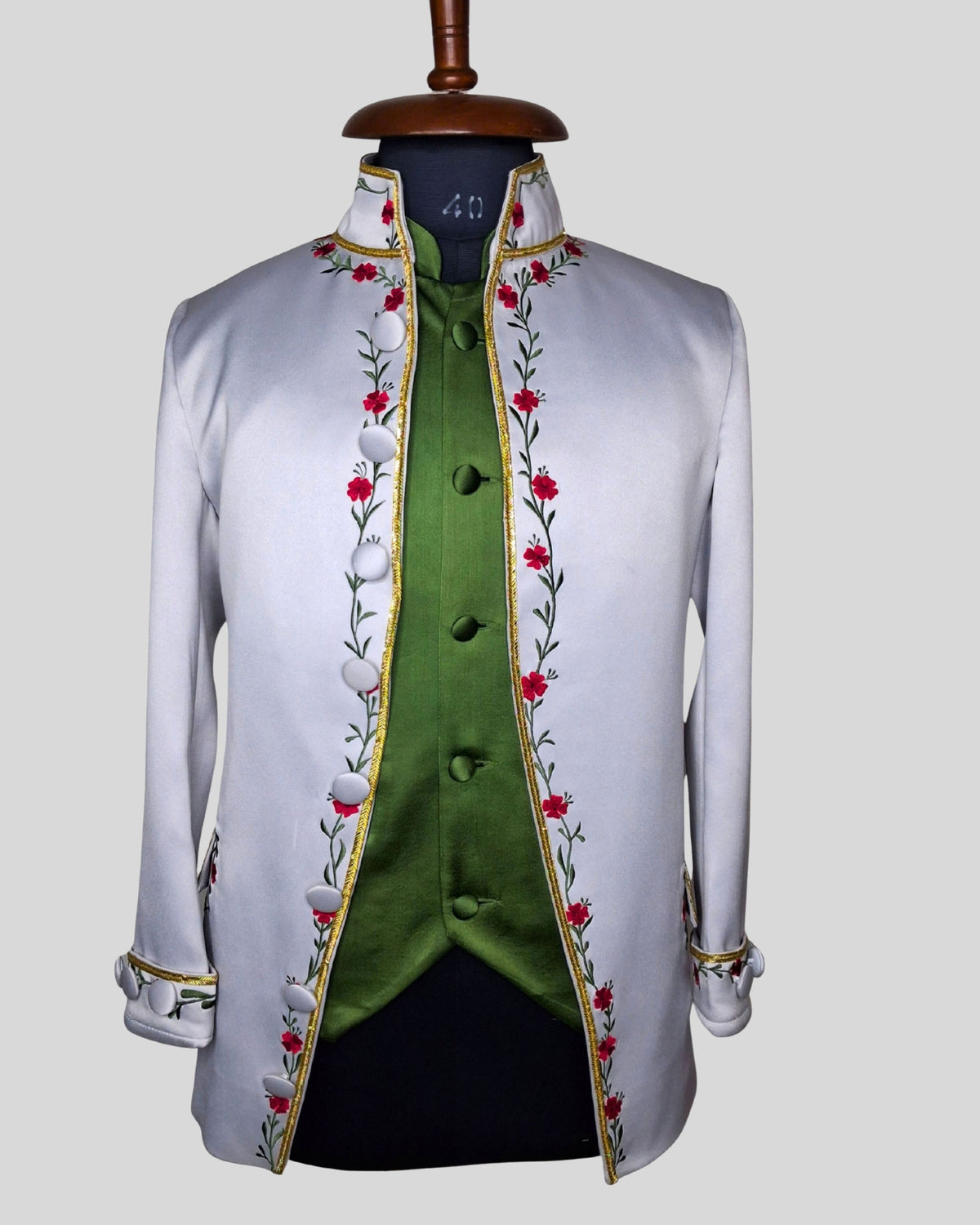 Men’s Silver Grey Satin Rococo 3-Piece Suit – Embroidered Coat, Green Waistcoat & Breeches