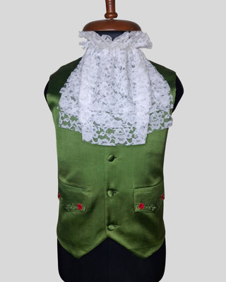 Men’s Silver Grey Satin Rococo 3-Piece Suit – Embroidered Coat, Green Waistcoat & Breeches