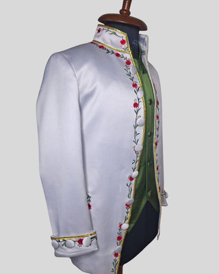 Men’s Silver Grey Satin Rococo 3-Piece Suit – Embroidered Coat, Green Waistcoat & Breeches