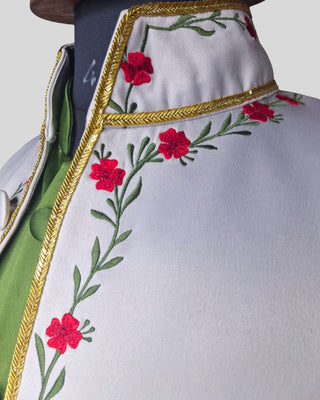 Men’s Silver Grey Satin Rococo 3-Piece Suit – Embroidered Coat, Green Waistcoat & Breeches