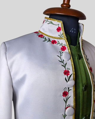 Men’s Silver Grey Satin Rococo 3-Piece Suit – Embroidered Coat, Green Waistcoat & Breeches