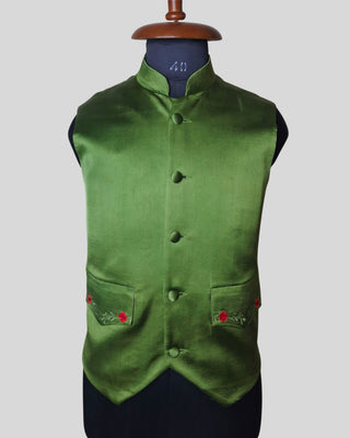 Men’s Silver Grey Satin Rococo 3-Piece Suit – Embroidered Coat, Green Waistcoat & Breeches