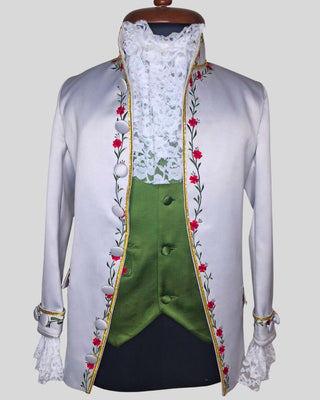 Men’s Silver Grey Satin Rococo 3-Piece Suit – Embroidered Coat, Green Waistcoat & Breeches