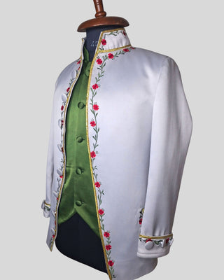 Men’s Silver Grey Satin Rococo 3-Piece Suit – Embroidered Coat, Green Waistcoat & Breeches