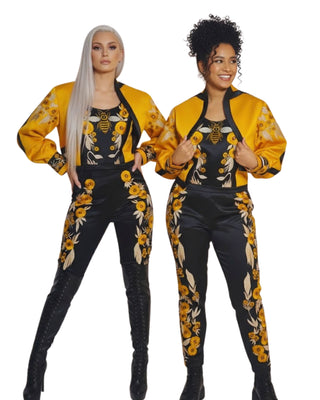 Women Customized 2-Piece Yellow & Black Satin Embroidered Cowgirl Western Attire – Musical Event Outfit