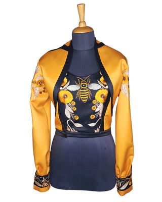 Women Customized 2-Piece Yellow & Black Satin Embroidered Cowgirl Western Attire – Musical Event Outfit