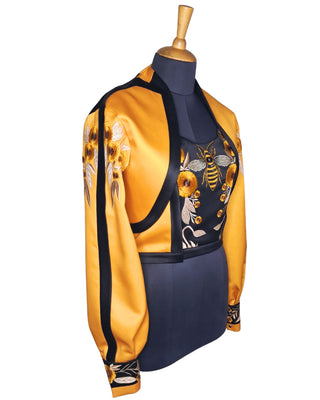 Women Customized 2-Piece Yellow & Black Satin Embroidered Cowgirl Western Attire – Musical Event Outfit