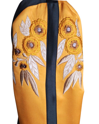 Women Customized 2-Piece Yellow & Black Satin Embroidered Cowgirl Western Attire – Musical Event Outfit