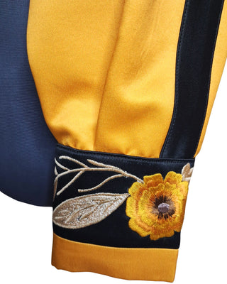 Women Customized 2-Piece Yellow & Black Satin Embroidered Cowgirl Western Attire – Musical Event Outfit