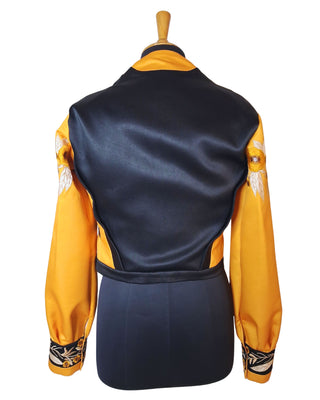Women Customized 2-Piece Yellow & Black Satin Embroidered Cowgirl Western Attire – Musical Event Outfit