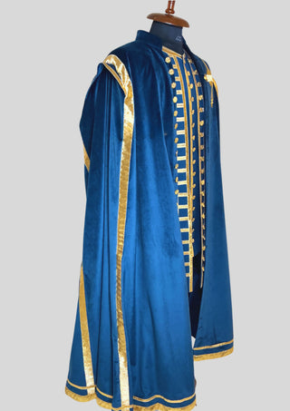 Men Blue Rococo Costume: 18th Century Velvet Suit with Gold Trim Carnival Cosplay Costume