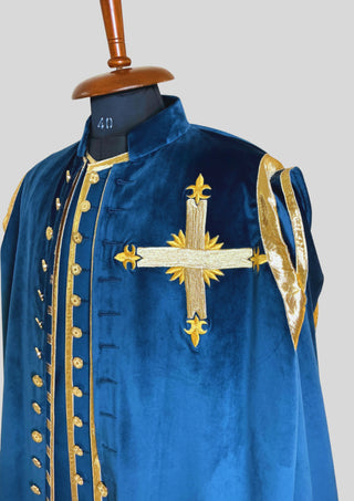 Men Blue Rococo Costume: 18th Century Velvet Suit with Gold Trim Carnival Cosplay Costume