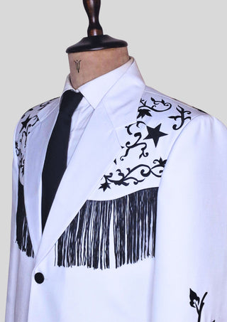 Men's White Western Cowboy 2 Piece Floral Embroidered Fringed Groom Attire Rodeo Outfit