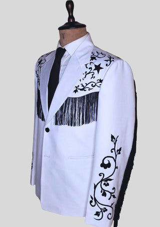 Men's White Western Cowboy 2 Piece Floral Embroidered Fringed Groom Attire Rodeo Outfit