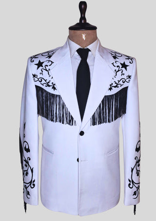 Men's White Western Cowboy 2 Piece Floral Embroidered Fringed Groom Attire Rodeo Outfit