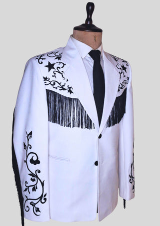 Men's White Western Cowboy 2 Piece Floral Embroidered Fringed Groom Attire Rodeo Outfit